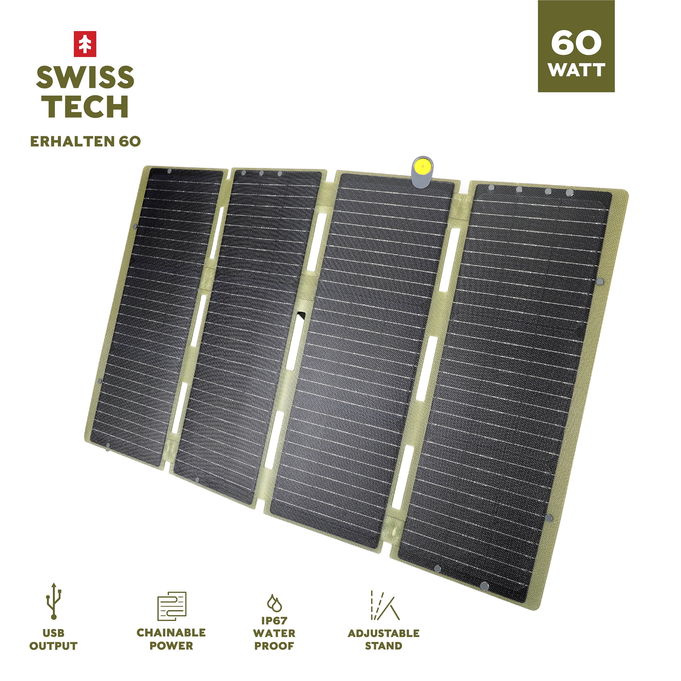 Swiss Tech 60W Foldable Solar Panel, USB-A and USB-C, Phone Charger, Waterproof, Emergency, Solar Panel Only