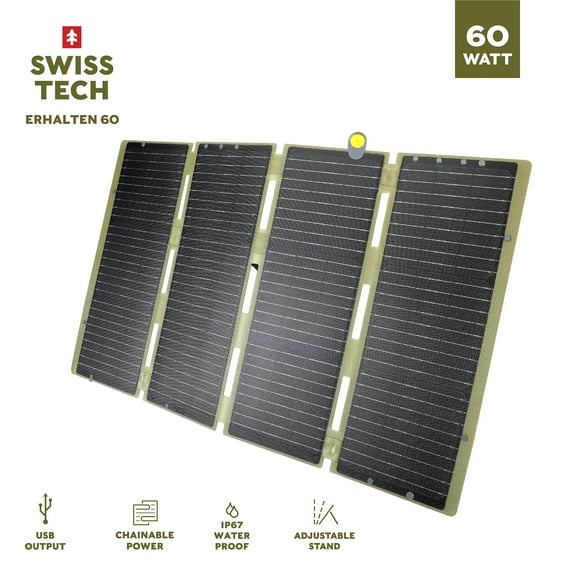 Swiss Tech 60W Foldable Solar Panel, USB-A and USB-C, Phone Charger, Waterproof, Emergency, Solar Panel Only