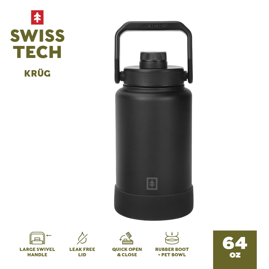 Swiss Tech 64oz Krug Stainless Steel Water Bottle Jug with Chug Cap and Silicone Boot, Black
