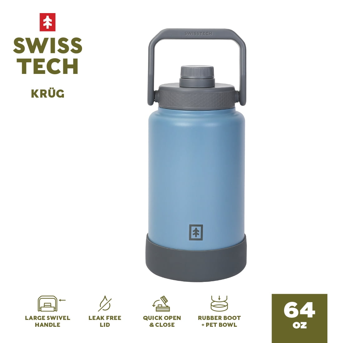 Swiss Tech 64oz Krug Stainless Steel Water Bottle Jug with Chug Cap and Silicone Boot, Blue
