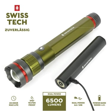 Swiss Tech 6500 Lumen LED Flashlight Rechargeable Dual Power AA/USB, Charging Bank, IP67 Waterproof