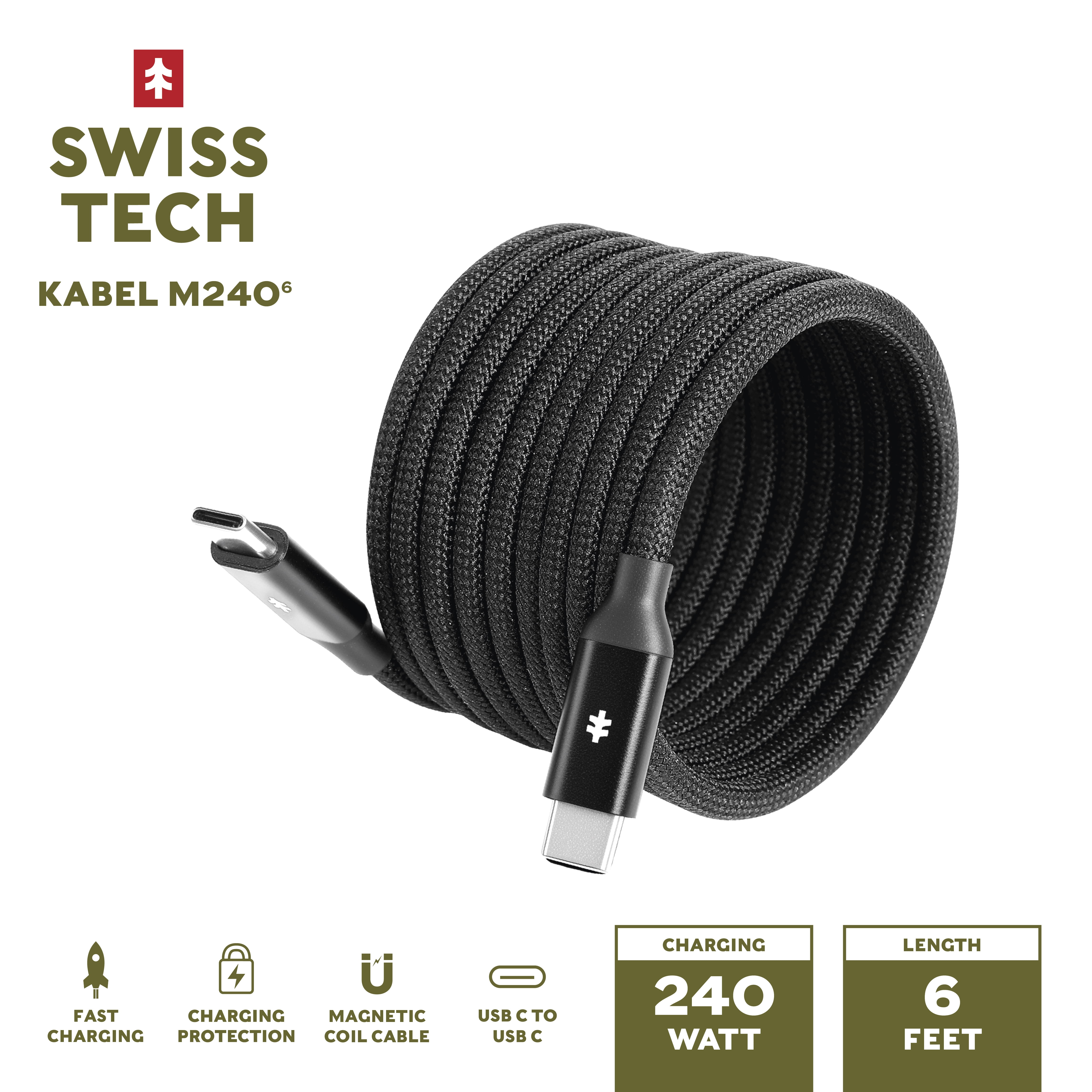 Swiss Tech Kabel M240 6 ft 240W Magnetic Self-Coiling USB-C Charging Cable