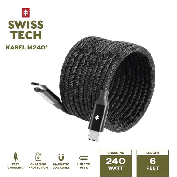 Swiss Tech 6ft 240W Magnetic USB-C Charging Cable, Fast Power & Data Sync