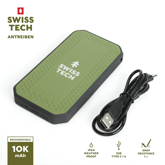 Swiss Tech 10,000 mAh Portable Power Bank, IPX4 Weatherproof & Drop Resistant, Dual USB-C and USB-A