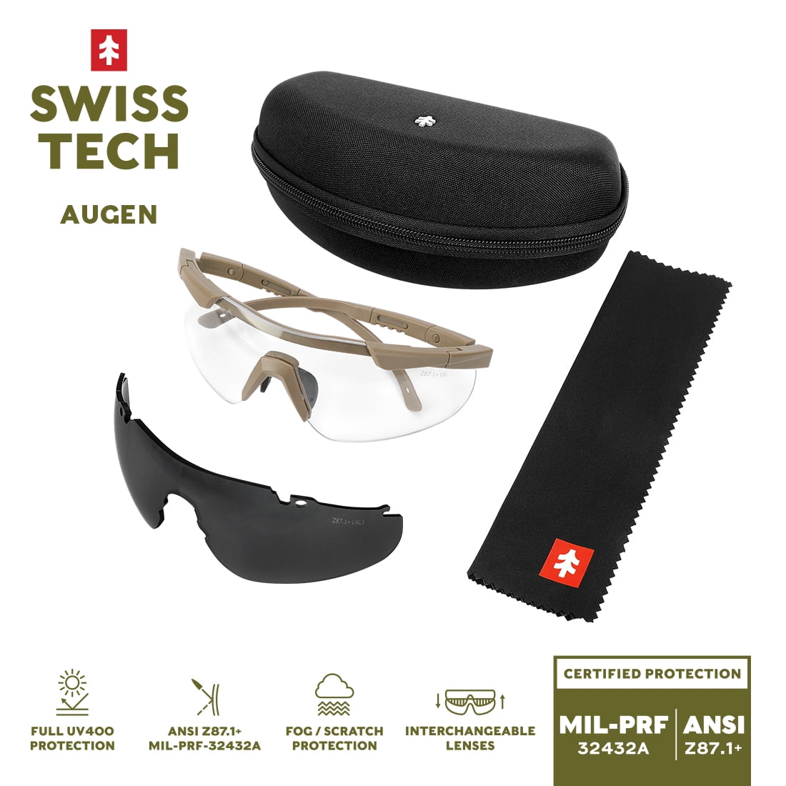 Swiss Tech Augen Shooting Glasses, Anti-Fog, Scratch-Resistant, Low-Profile, UV400, 2 Lenses, FDE Colorway