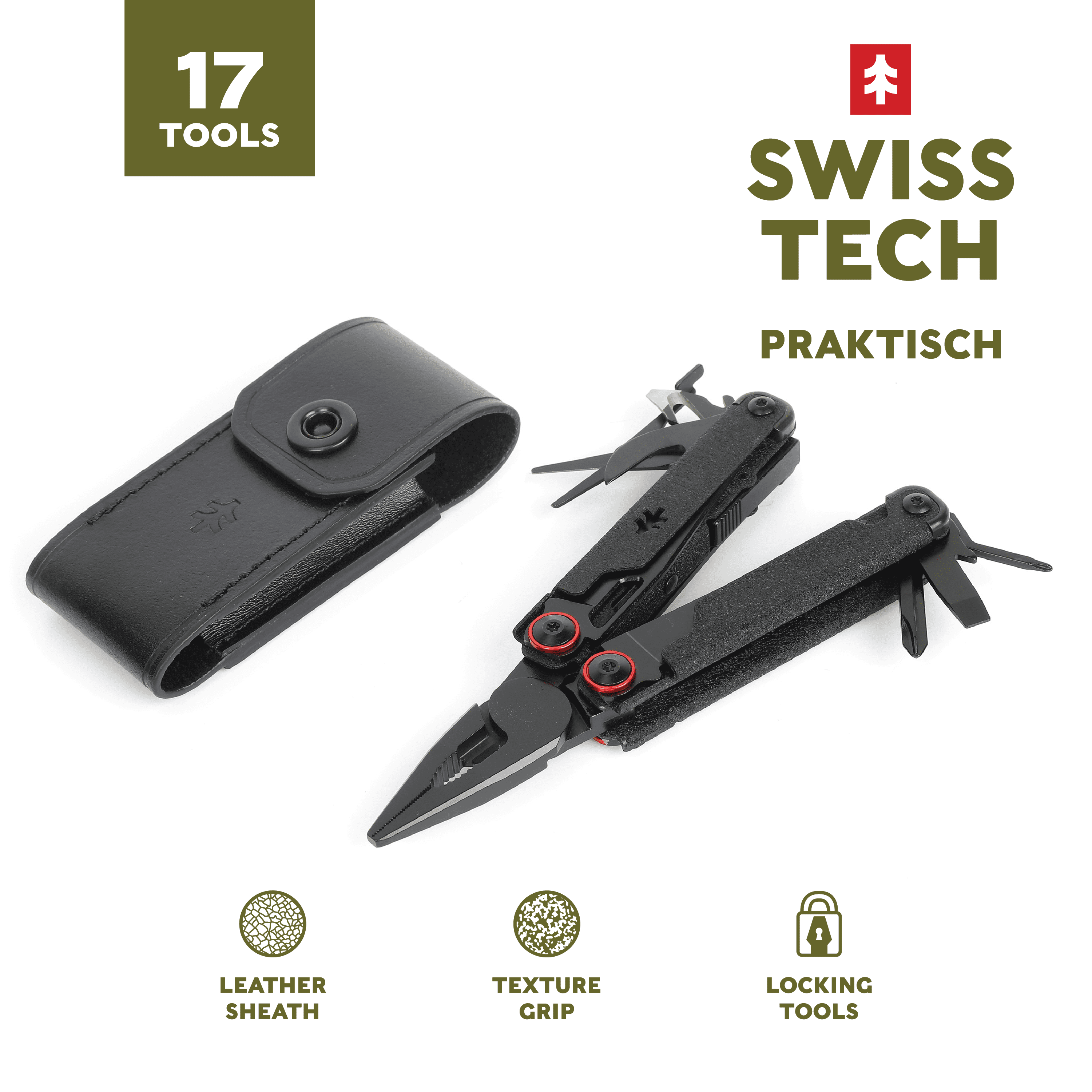Swiss Tech Aus-8 Steel 17-in-1 Folding Multi Tool with Leather
