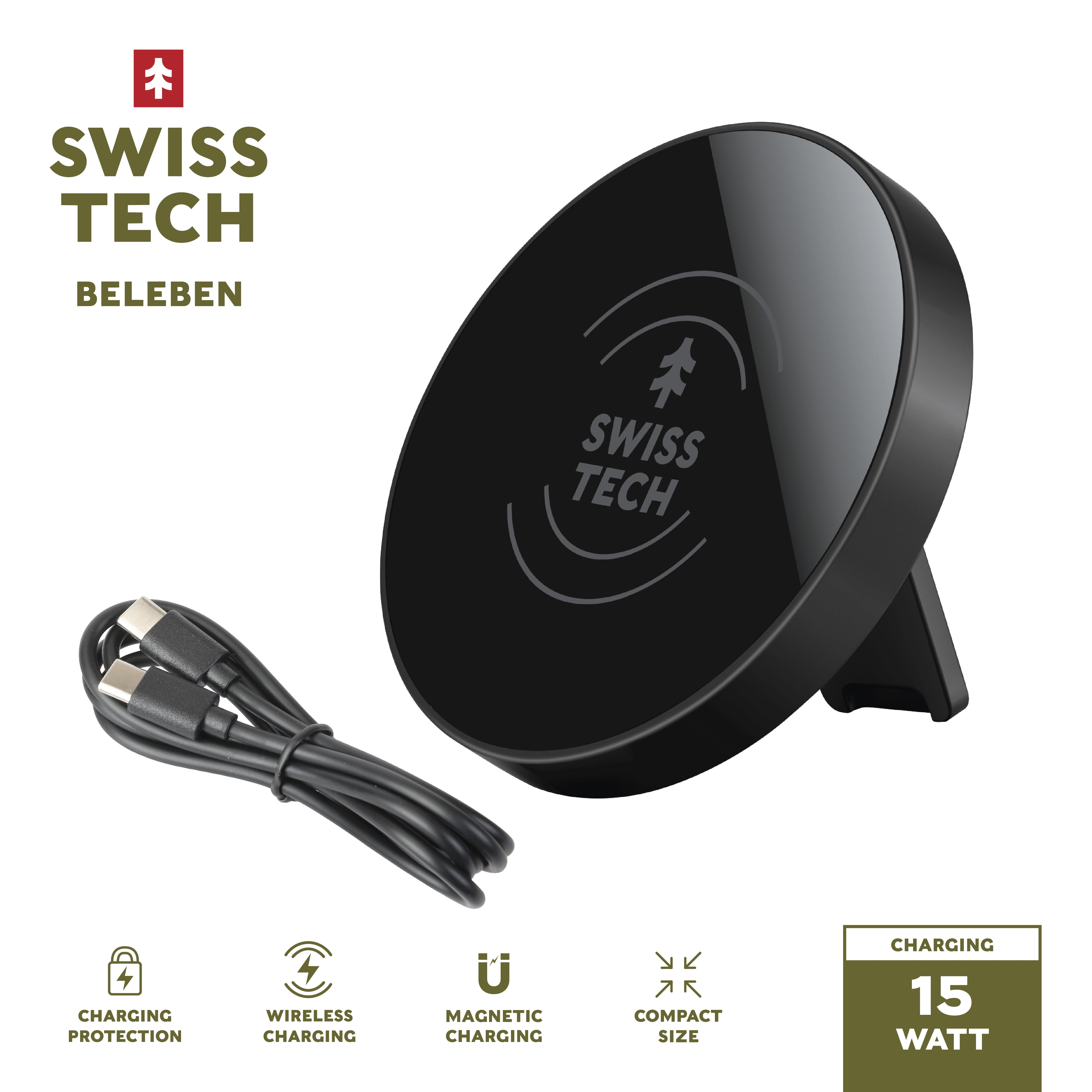 Swiss Tech Beleben 15W Magnetic Wireless Charging Pad with Stand, Fast Qi Charger