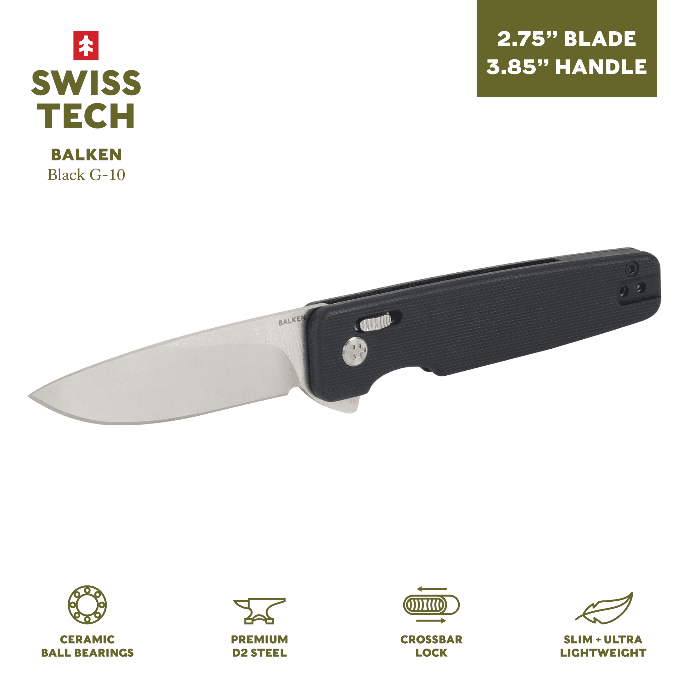 Swiss Tech Balken Crossbar Lightweight Locking Flipper Knife, D2 Steel with a Low Profile Back Flipper