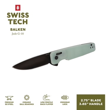 Swiss Tech Balken Crossbar Locking Lightweight Flipper Knife, with D2 Steel and Low Profile Back Flipper, Jade