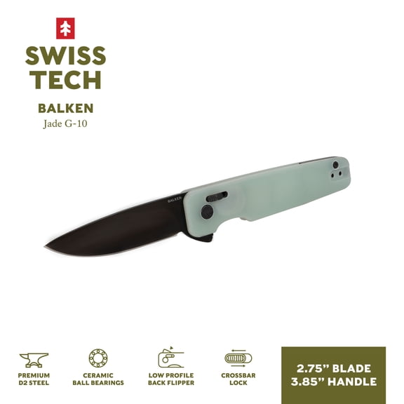 Swiss Tech Balken Crossbar Locking Lightweight Flipper Knife, with D2 Steel and Low Profile Back Flipper, Jade
