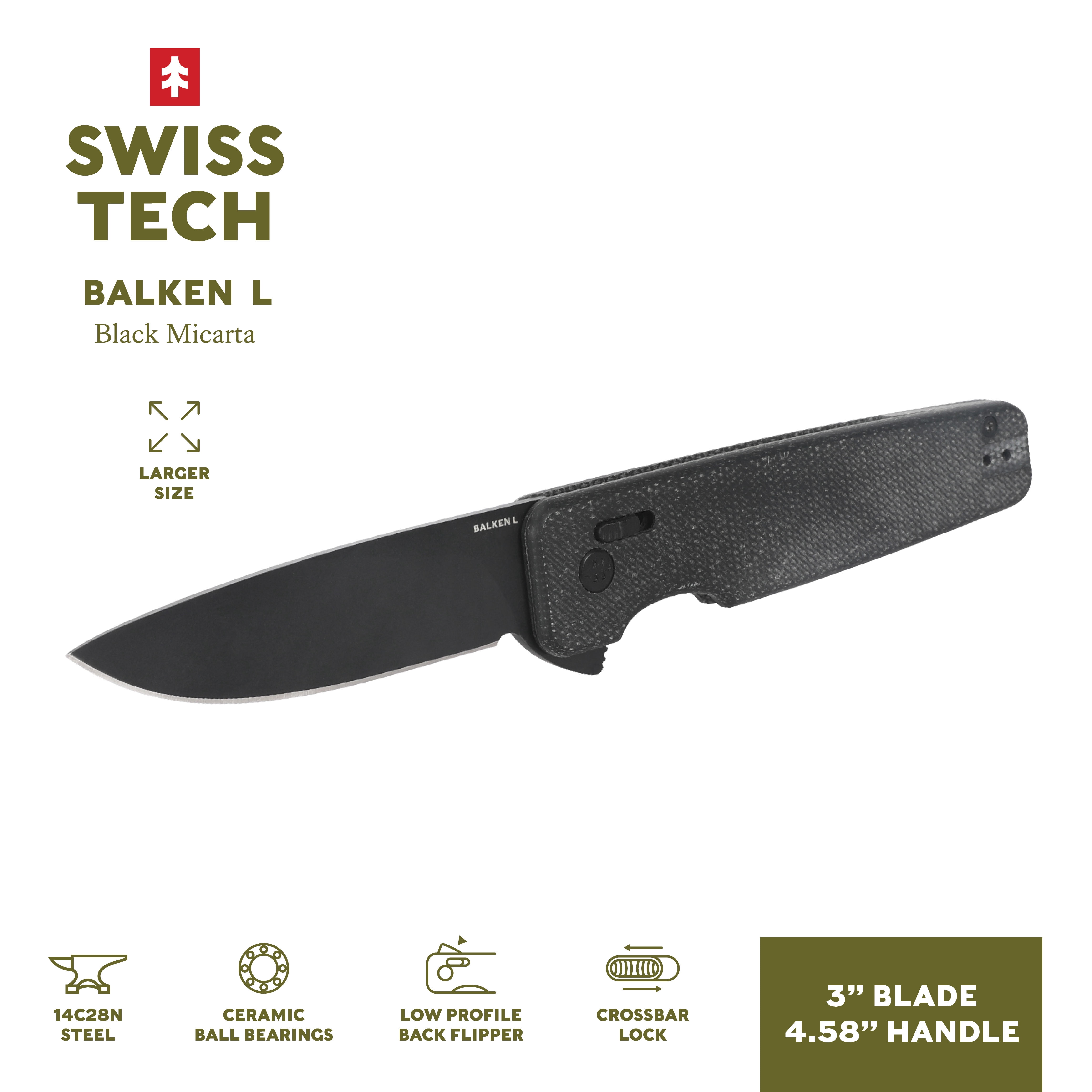 Swiss Tech Balken L Folding Knife, 14C28N Steel, Black Micarta