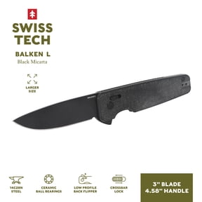 Swiss Tech Balken L Folding Knife, 14C28N Steel, Black Micarta Handle, EDC Crossbar Lock