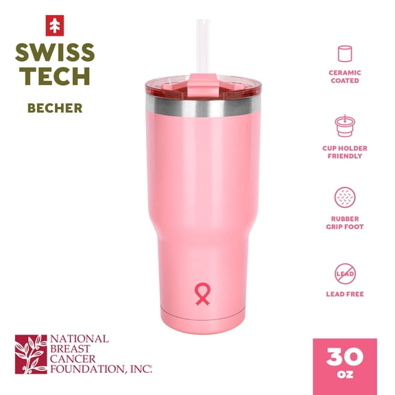 Swiss Tech Becher Pink NBCF 30oz Water Bottle, Triple-Wall Copper Lined Vacuum Sealed, Ceramic Lining, Leak Proof