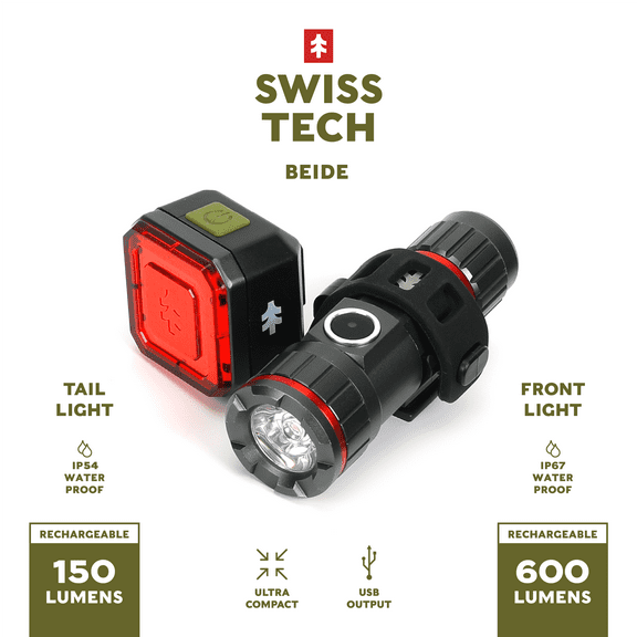 Swiss Tech Bike Rechargeable Front and Tail Light Combo, IP67 Water Proof, IP54 Weather Proof, 1.5in