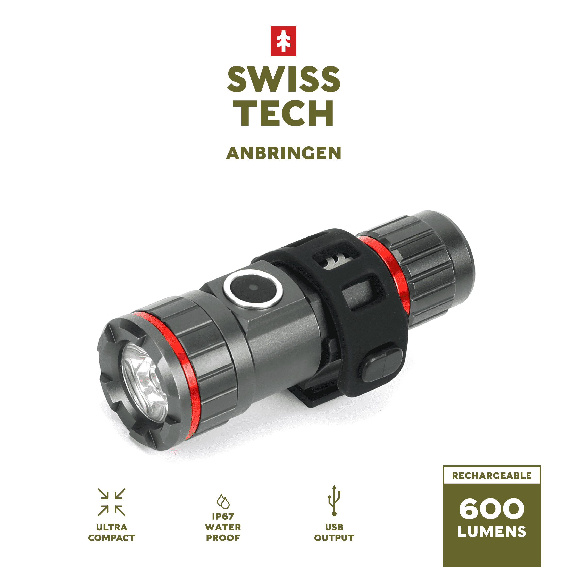 Swiss Tech Bike Rechargeable Helmet Light, Handlebar Light, 600 Lumens, IP67 Waterproof, Multiple Modes, Bicycle