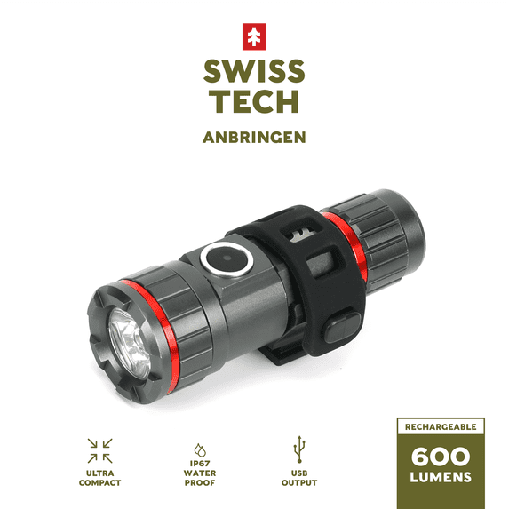 Swiss Tech Bike Rechargeable Helmet Light, Handlebar Light, 600 Lumens, IP67 Waterproof, Multiple Modes, Bicycle