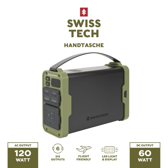 Swiss Tech Portable Power Station, 120W, 99.9Wh Battery Backup with Multiple Charging Ports for Camping