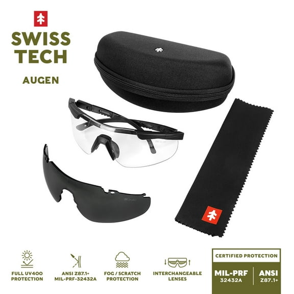 Swiss Tech Augen Shooting Glasses, Anti-Fog, Scratch-Resistant, Low-Profile, UV400, 2 Lenses