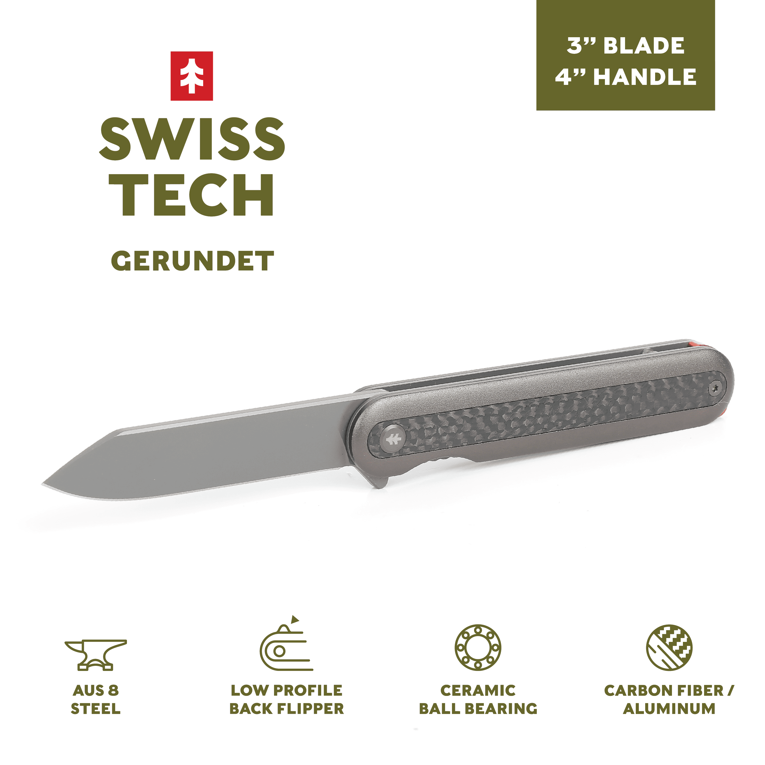 Swiss Tech Gerundet 7 Assisted Flipper Carbon Fiber Pocket Knife, 3 AUS-8  Steel Blade, 4 Multi-Color 
