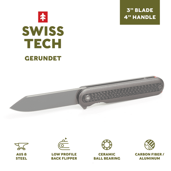 Swiss Tech Gerundet 7" Assisted Flipper Carbon Fiber Pocket Knife, 3" AUS-8 Steel Blade, 4"