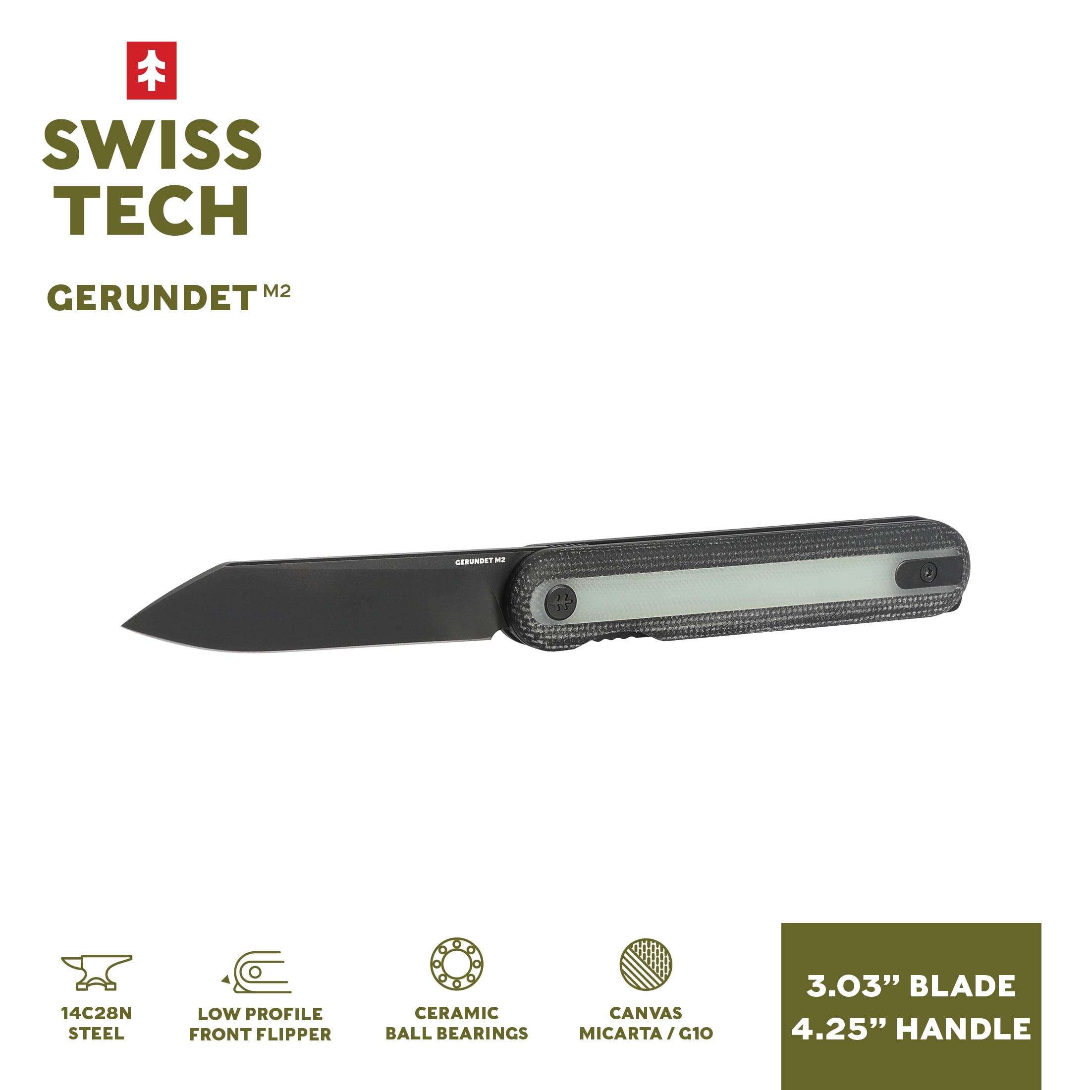 Swiss Tech GERUNDET M2 Black Micarta Folding Knife, Jade G-10 Inlay, 14C28N Steel