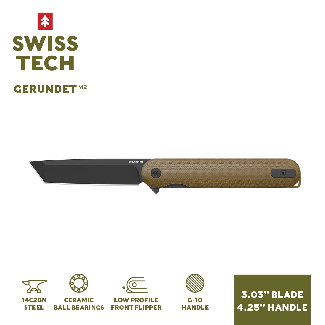 Swiss Tech Gerundet M2 Folding Knife, 14C28N Steel Tanto Blade, Fde G-10 Handle, EDC Pocket Knife with Reversible Pocket Clip