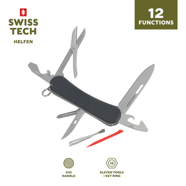 Swiss Tech Helfen 12-in-1 Multi Tool Knife, with a Stainless Steel Drop Point Blade and G10 Handle