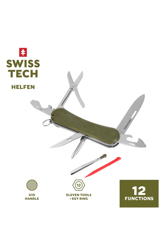 12 in 1 Multitool with G10 Handle Key Ring Attachment, Olive