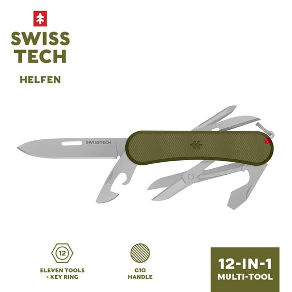 Swiss Tech 12 in 1 Multitool with G10 Handle Key Ring Attachment, Olive