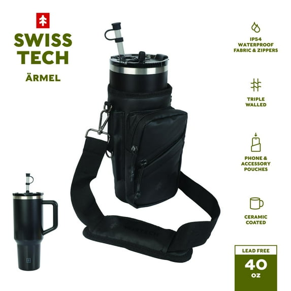 Swiss Tech Insulated Triple Walled Ceramic Coated, 40 oz Black Travel Tumbler, Black Carrier Bag