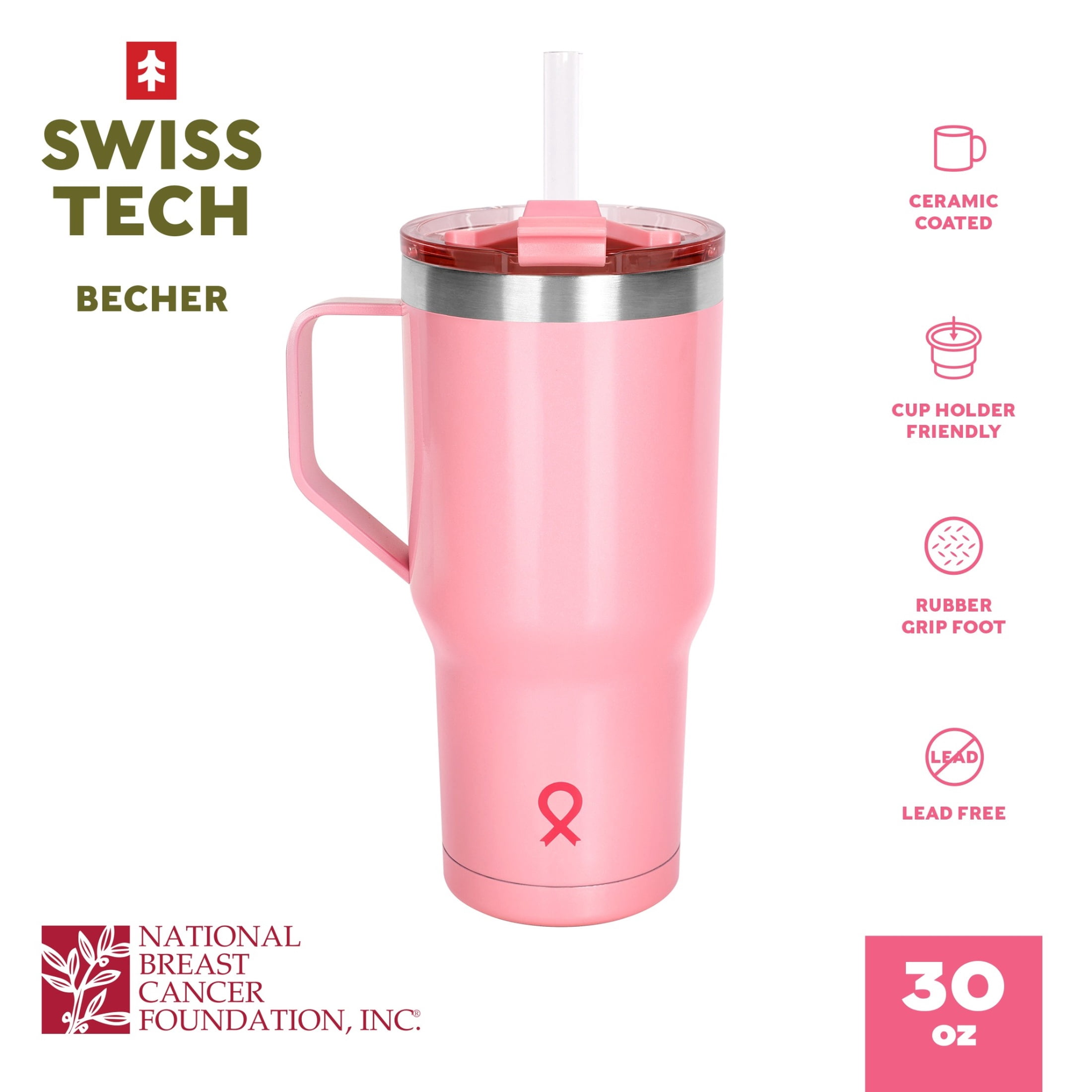 Swiss Tech Becher Pink NBCF 30oz Water Bottle with Handle, Triple-Wall Copper Lined, Leak Proof