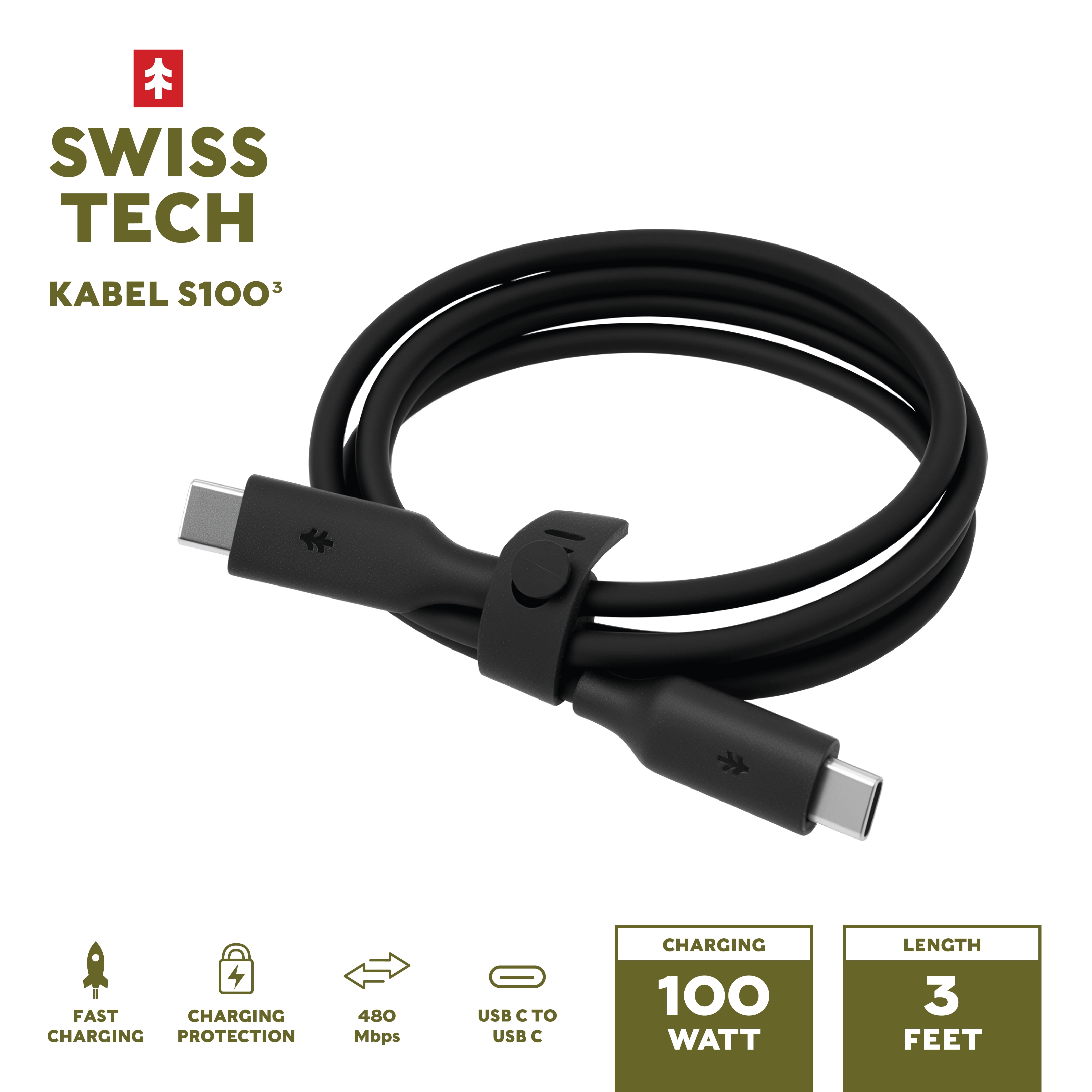 Swiss Tech Kabel S100 3 ft 100W Soft Touch USB-C to USB-C Charging Cable