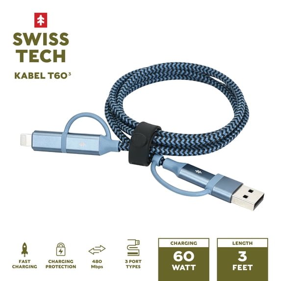 Swiss Tech Kabel T60 3 ft 60W 4-in-2 USB-C to USB-C/Lightning Charging Cable, Cresta Blue