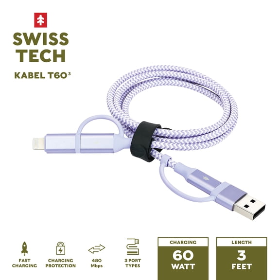 Swiss Tech Kabel T60 3 ft 60W 4-in-2 USB-C to USB-C/Lightning Charging Cable, Myrtle Purple