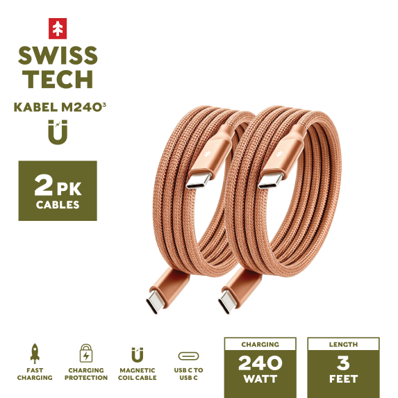 Swiss Tech Kabel M240 3 ft 240W Magnetic Self-Coiling USB-C Charging Cable 2 Pack, Terra Orange