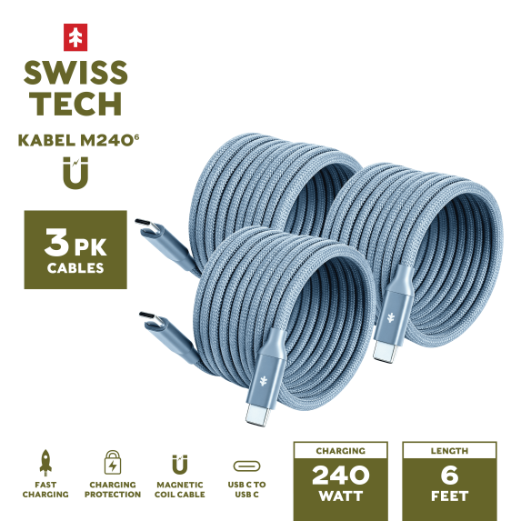 Swiss Tech Kabel M240 6 ft 240W Magnetic Self-Coiling USB-C Charging Cable 3 Pack, Cresta Blue