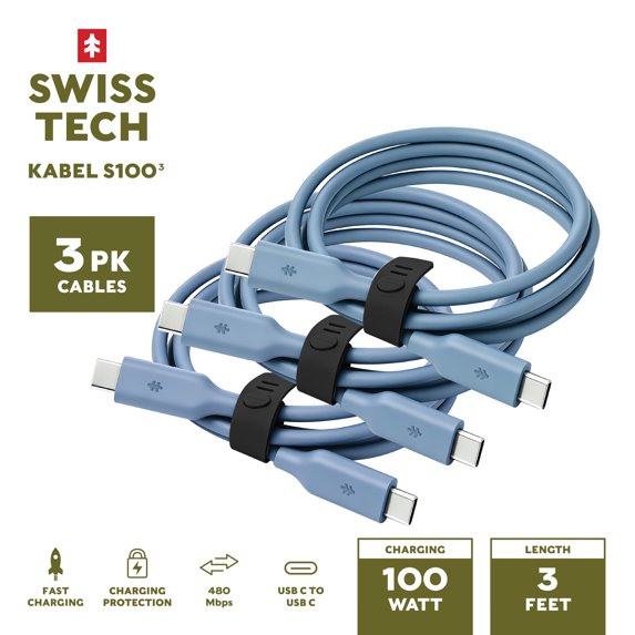 Swiss Tech Kabel S100 3 ft 100W Soft Touch USB-C to USB-C Charging Cable 3 Pack, Cresta Blue