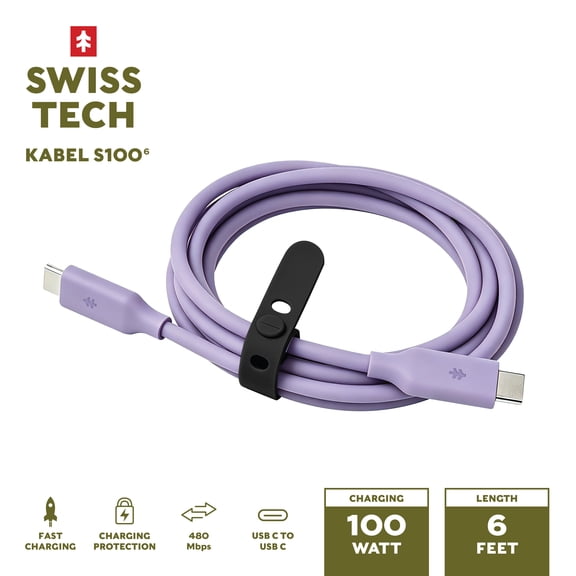 Swiss Tech Kabel S100 6 ft 100W Soft Touch USB-C to USB-C Charging Cable, Myrtle Purple