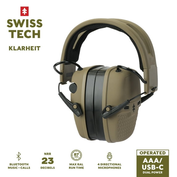 Swiss Tech Klarheit Bluetooth Electronic Hearing Protection, NRR 23 – Dual Power (Battery + Rechargeable), FDE