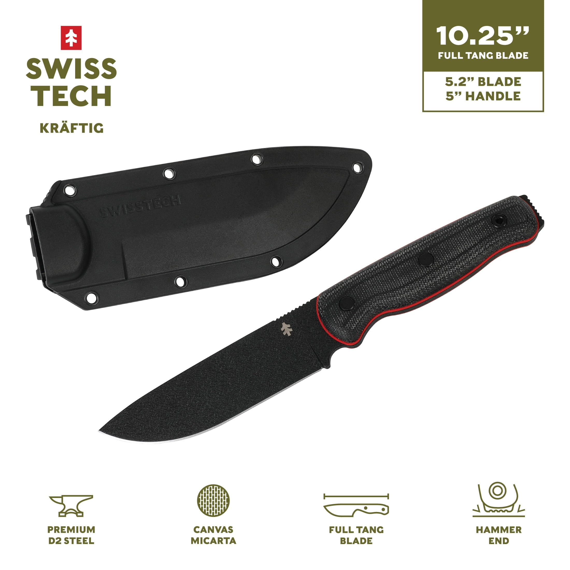 Swiss Tech Kraftig 10.25'' Large Bushcraft Fixed Blade Knife, Taktil D2 Steel Blade, Canvas Micarta, with Premium Hard Sheath