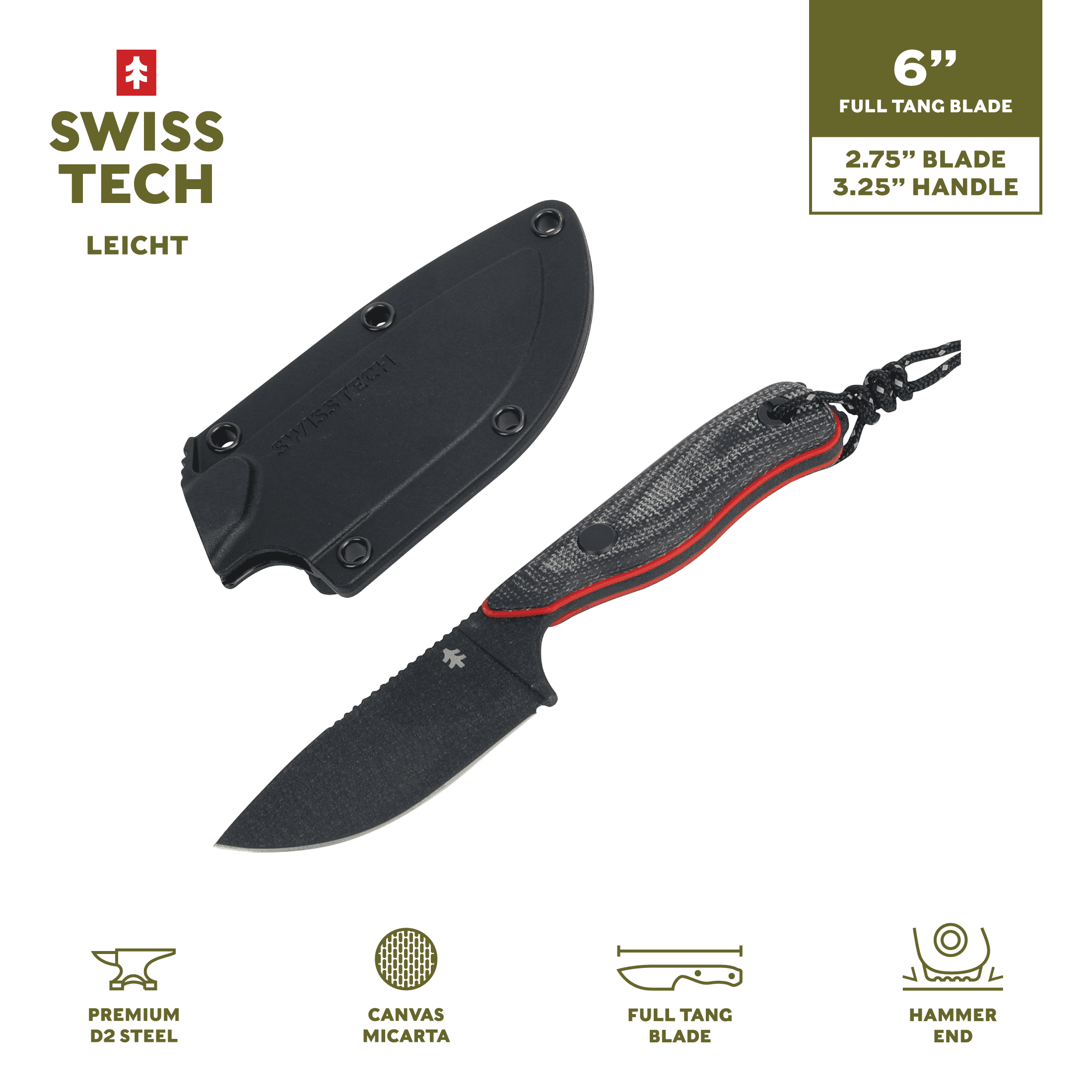 Swiss Tech Leicht Fixed Blade Knife, D2 Steel with Canvas Micarta Handle and Premium Hard Sheath