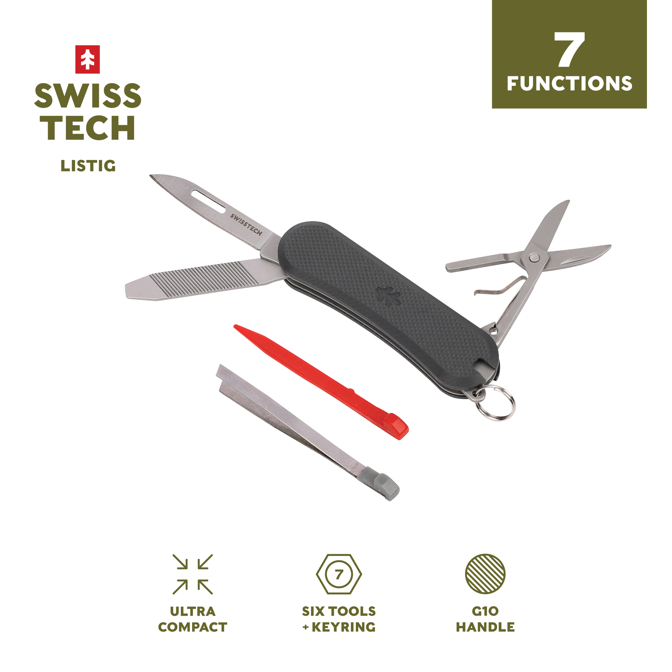 Swiss Tech Listig 7-in-1 Folding Multi-Tool, Compact Single Edge Pocket Knife with Scissors, G10 Handle