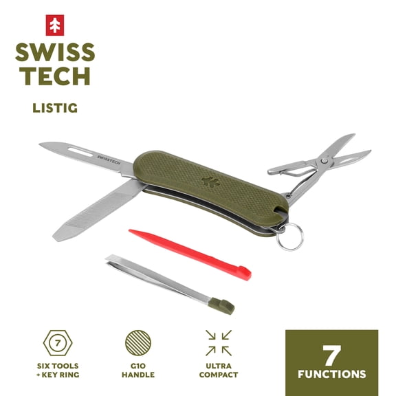 Swiss Tech Listig 7-in-1 Folding Multi-Tool, Compact Single Edge Pocket Knife with Scissors, Olive G10 Handle