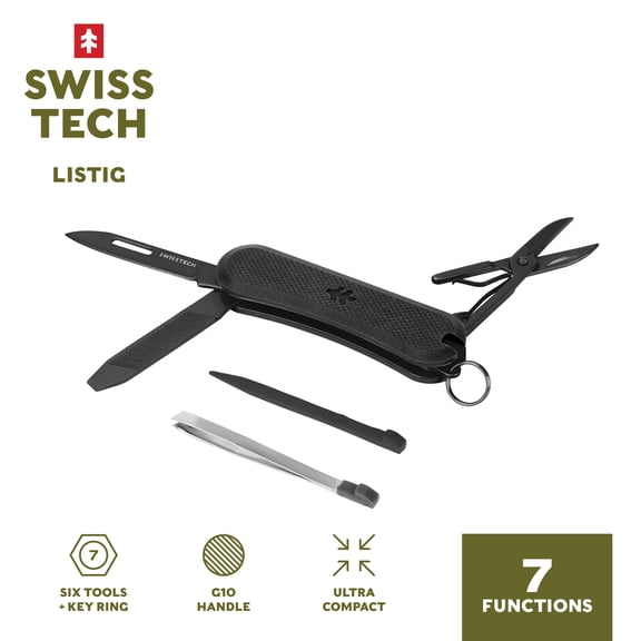 Swiss Tech Listig 7-in-1 Folding Multi-Tool, Compact Single Edge Pocket Knife with Scissors, Black G10 Handle