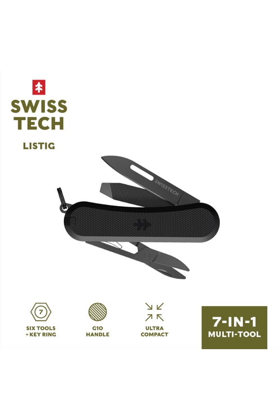 Listig 7-in-1 Folding Multi-Tool, Compact Single Edge Pocket Knife with Scissors, Black G10 Handle