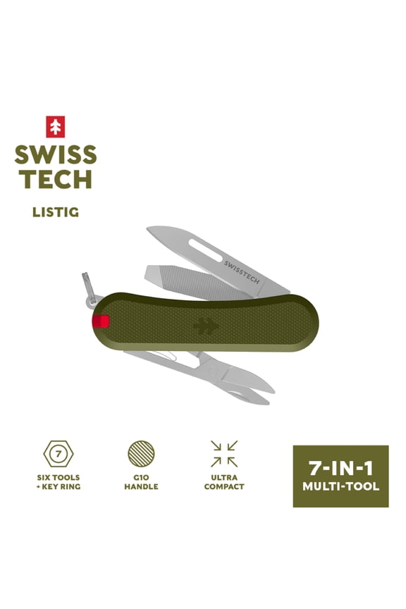 Listig 7-in-1 Folding Multi-Tool, Compact Single Edge Pocket Knife with Scissors, Olive G10 Handle