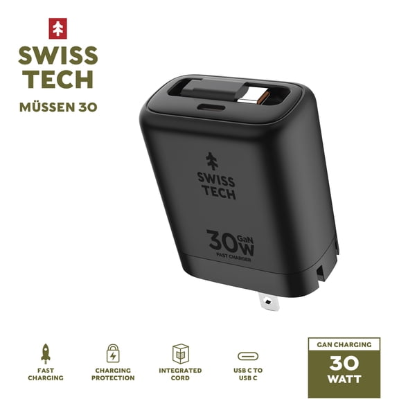 Swiss Tech Mussen 30W USB-C Wall Charger with Retractable Cable, Fast PD Charging