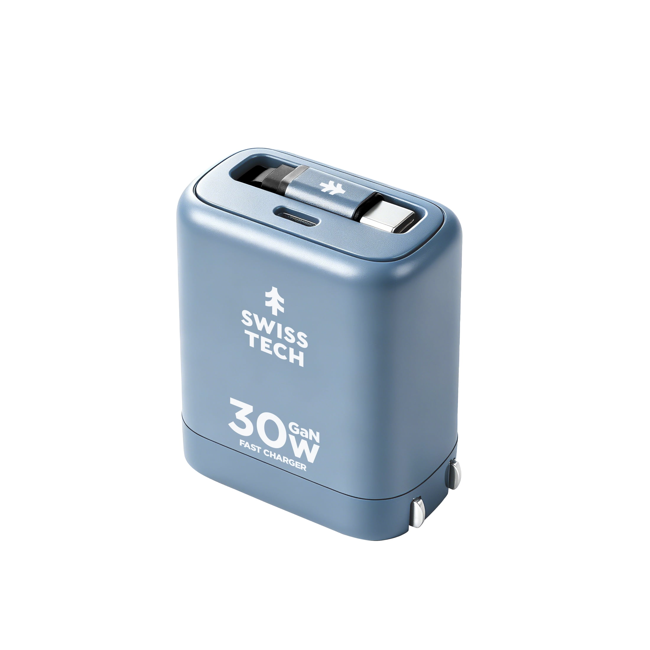 Swiss Tech Mussen 30W USB-C Wall Charger with Retractable Cable, Fast PD Charging, Cresta Blue