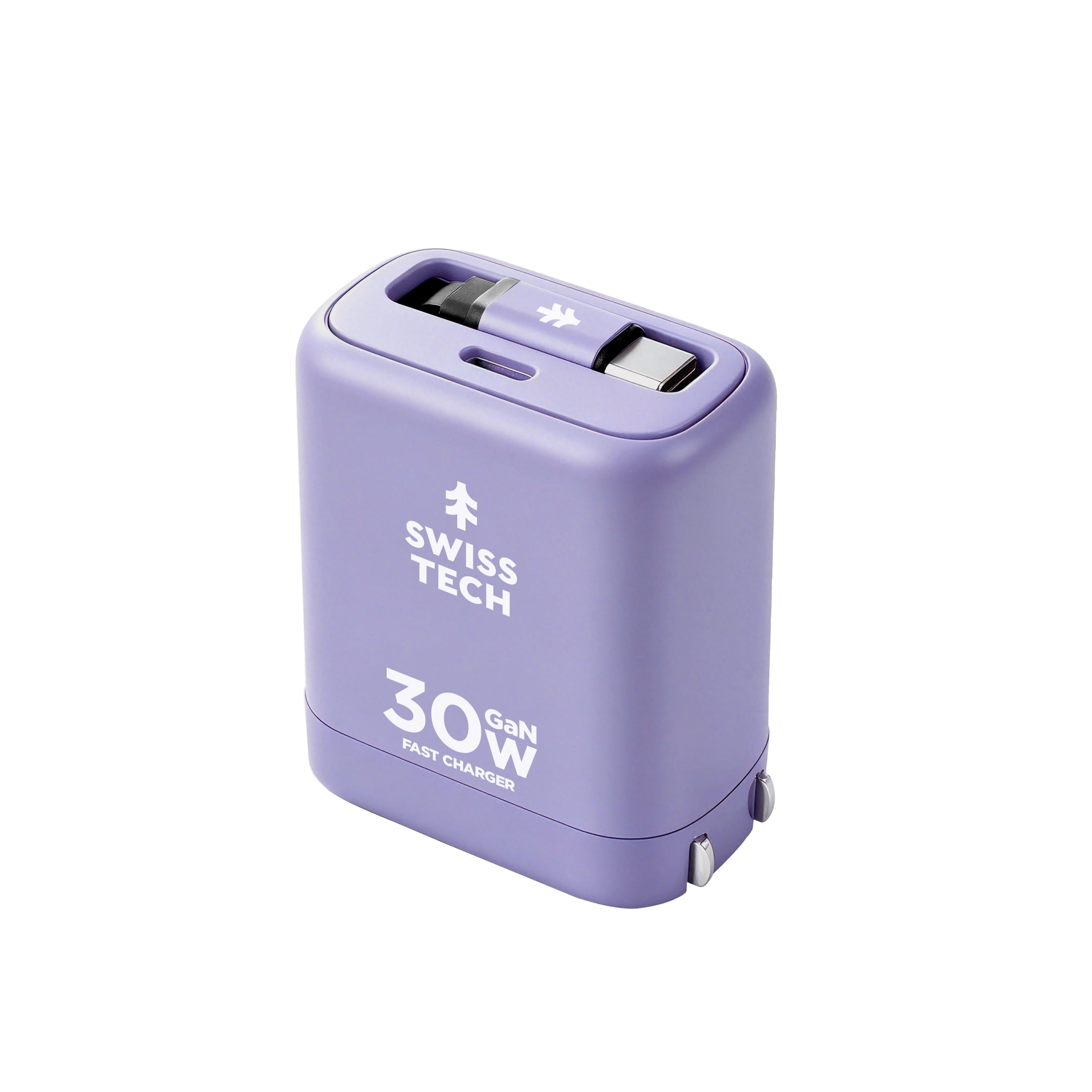 Swiss Tech Mussen 30W USB-C Wall Charger with Retractable Cable, Fast PD Charging, Myrtle Purple