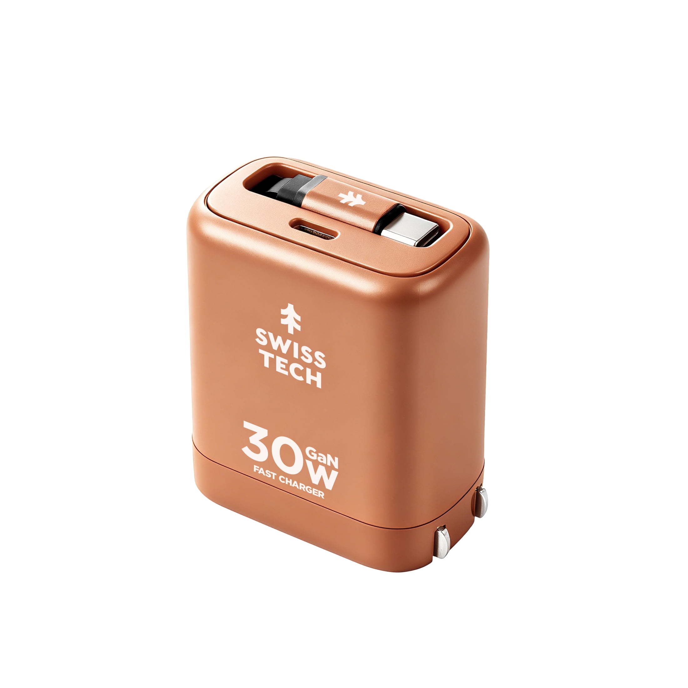 Swiss Tech Mussen 30W USB-C Wall Charger with Retractable Cable, Fast PD Charging, Terra Orange